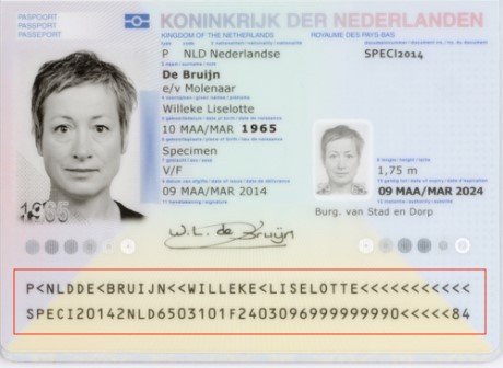 A sample European passport with the machine readable zone code highlighted