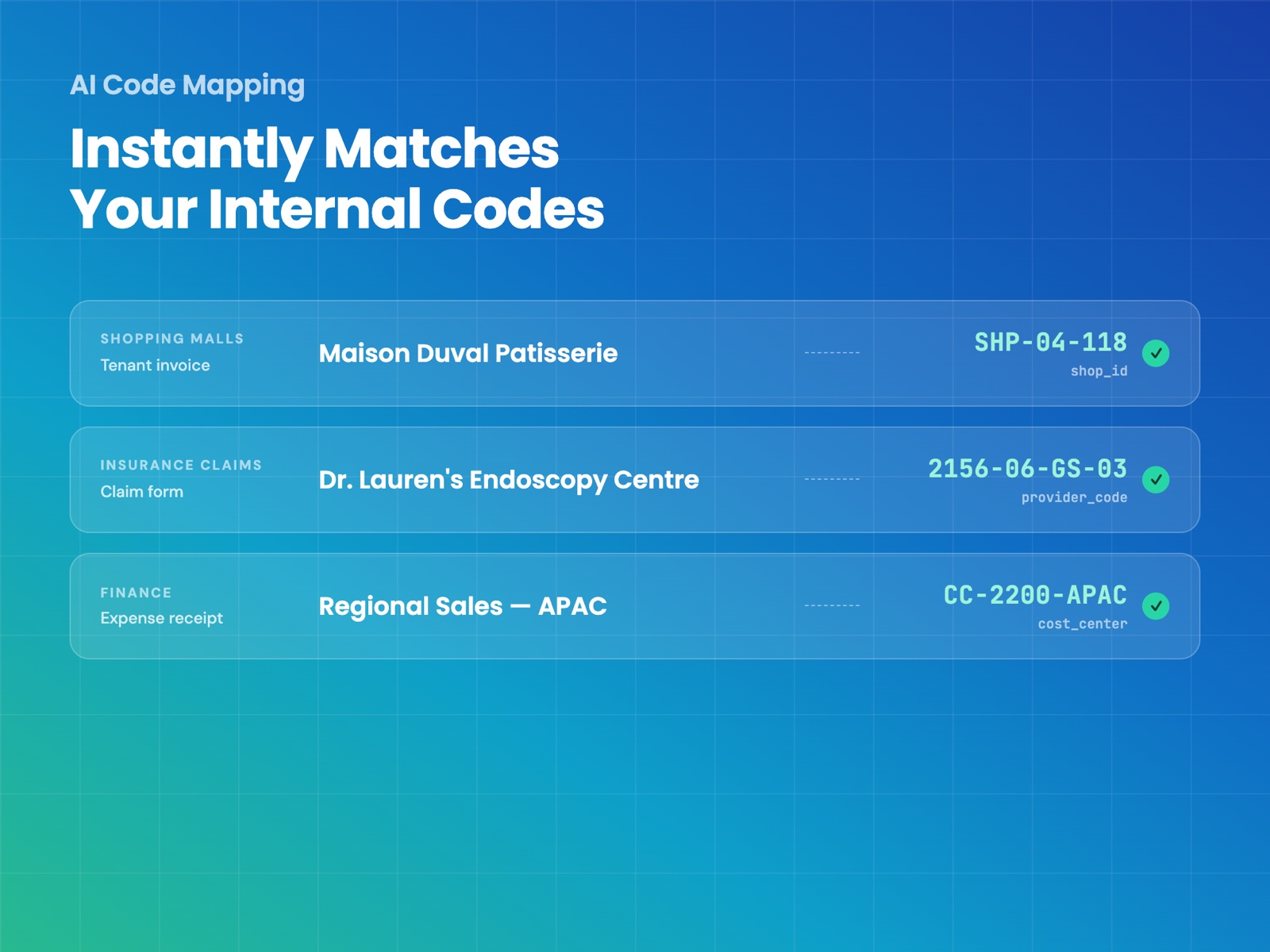 FormX AI Code Mapping matching tenant, provider, and cost center codes across shopping mall, insurance claim, and finance documents
