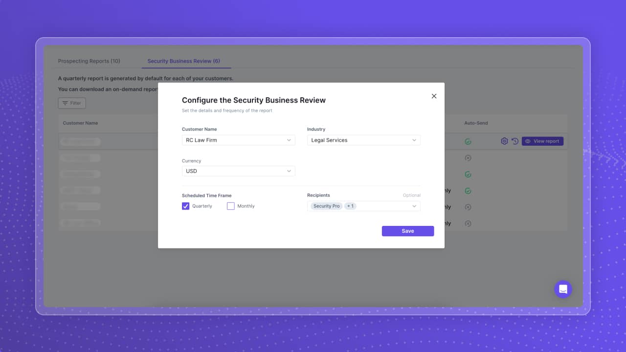 Configuration panel for automated security business reports.