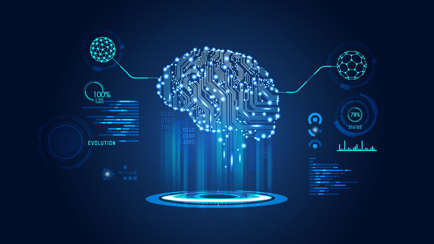 Digital brain with data visualizations representing AI and ML.