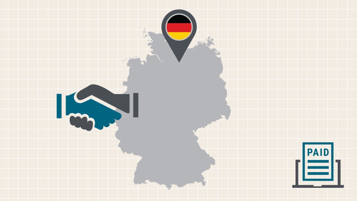 Illustration of Germany map with handshake and paid invoice icon.