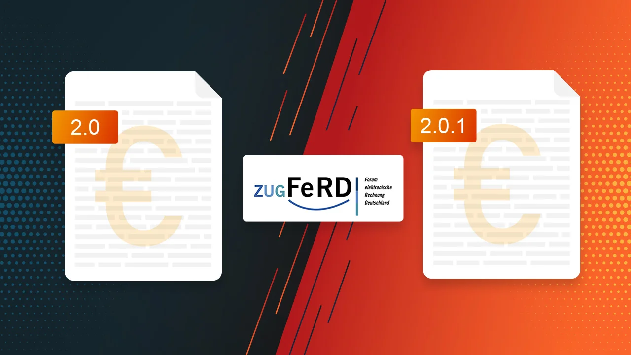 Screenshots showing ZUGFeRD e-invoicing format validation and import options.