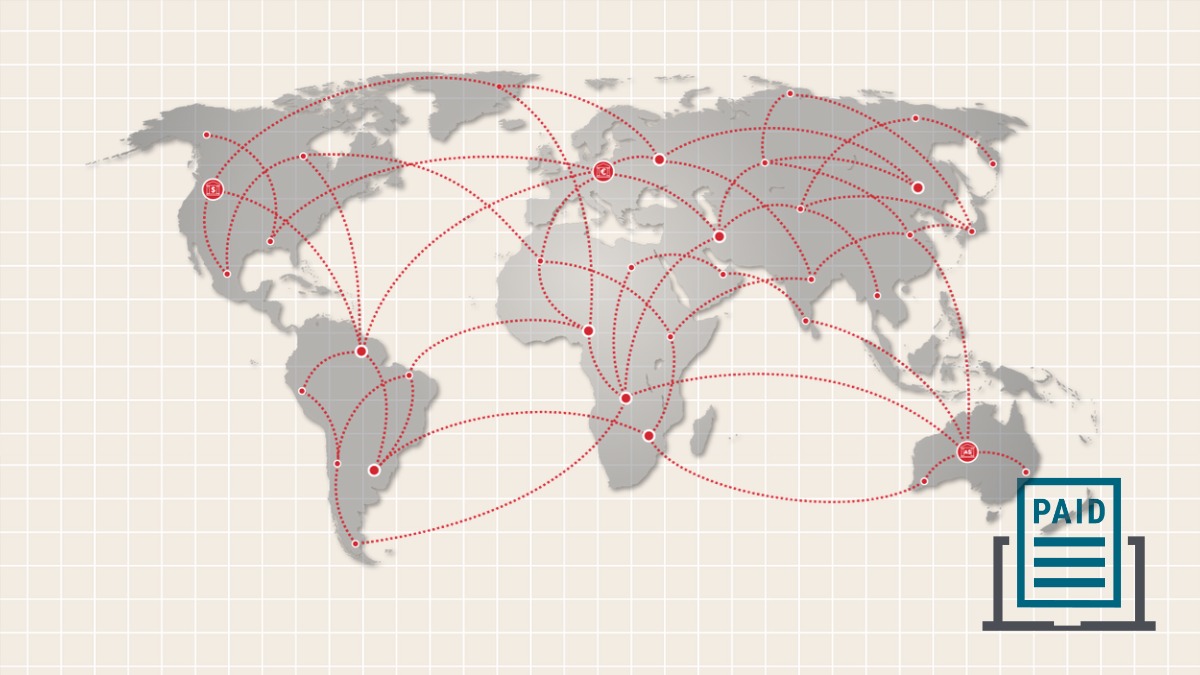 Global map with red dotted lines connecting regions and a paid invoice icon.