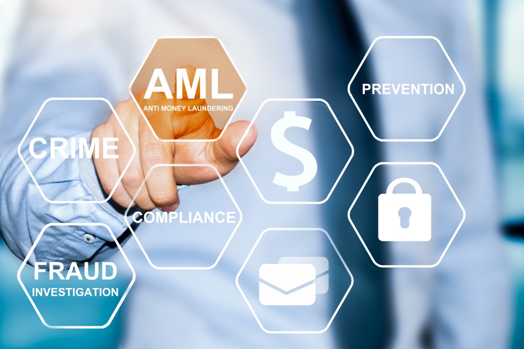 Person pointing at virtual icons for AML, compliance, and fraud.