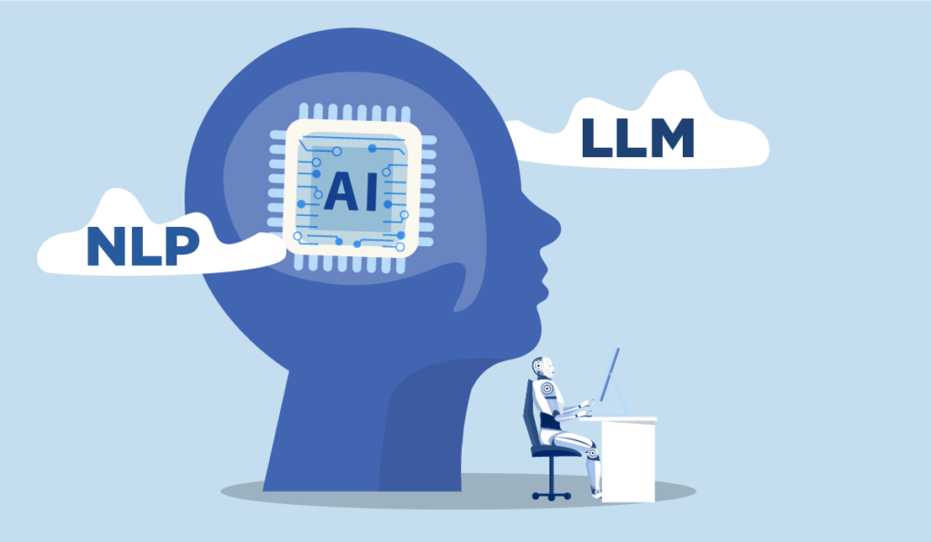 Illustration of AI-powered NLP and LLM concepts with a robot.