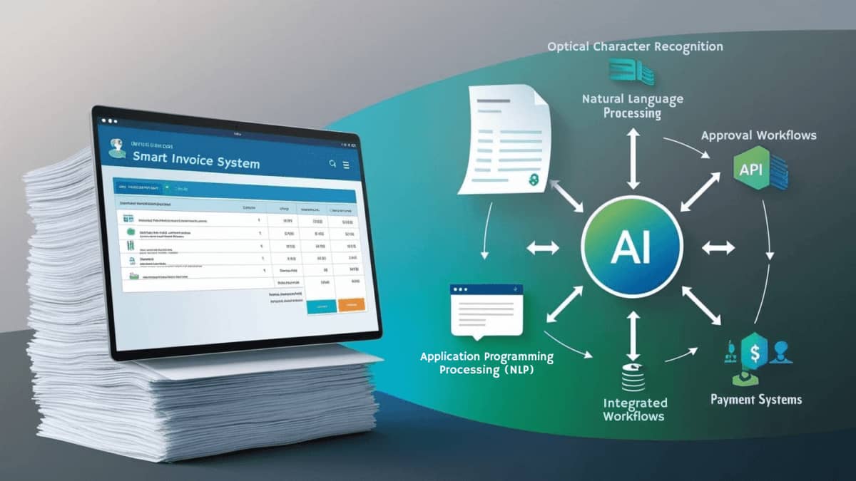 Diagram of AI-powered invoice processing system with OCR, NLP, and workflows.
