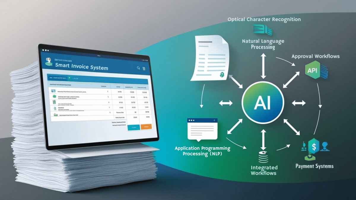 Diagram of AI-powered invoice processing system with OCR, NLP, and workflows.