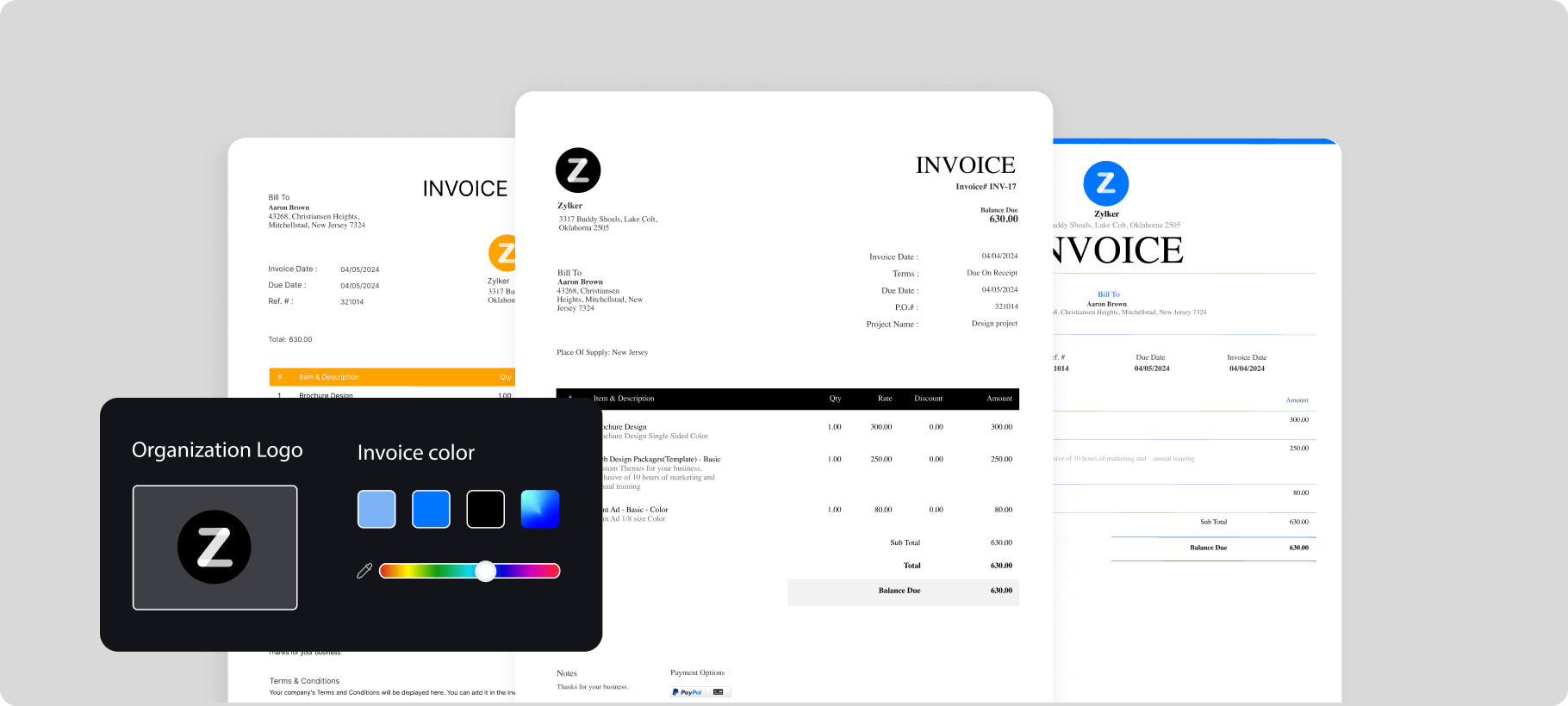 Customizable invoice templates with logo and color options.
